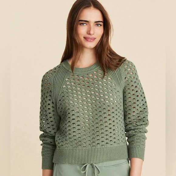 LOU & GREY NWT L Mesh Sweater • Open Knit Casual Crew Neck Pullover in Green - Picture 10 of 11